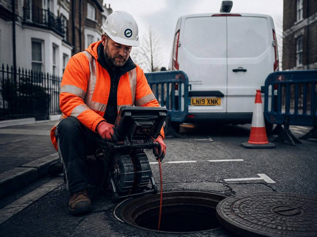 Drainage engineer on-site with CCTV survey equipment